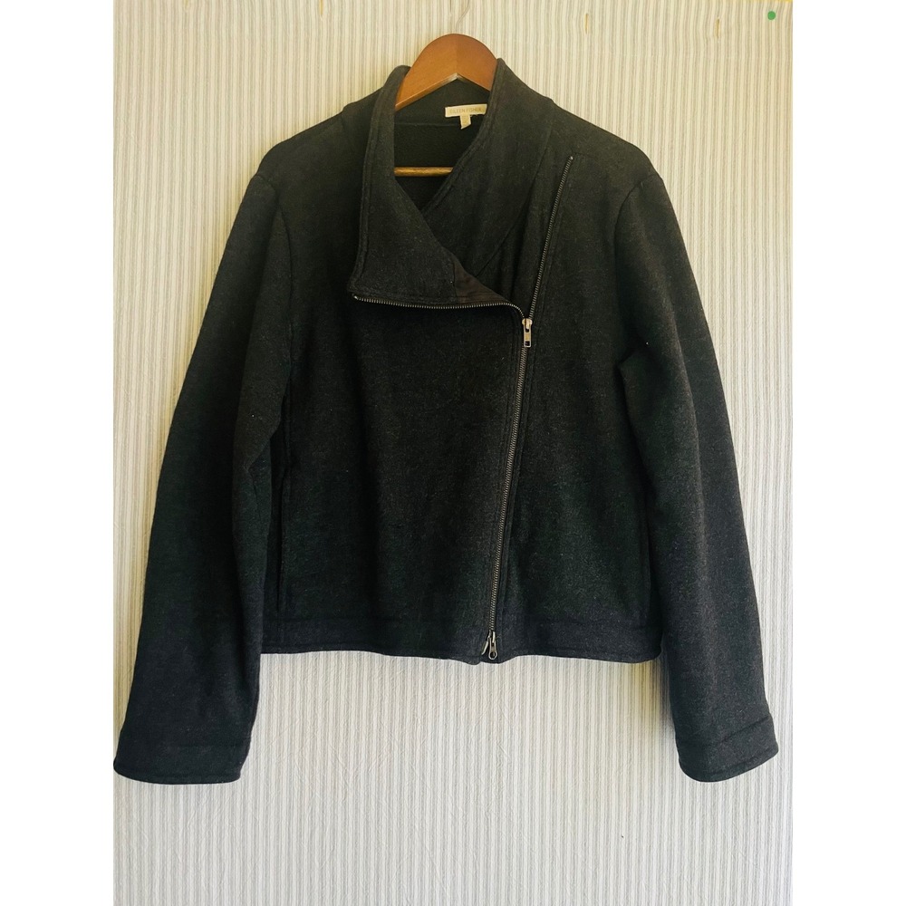 Eileen Fisher Wool Blend Asymmetric Moto Sweater Fleece Charcoal Grey Womens XL